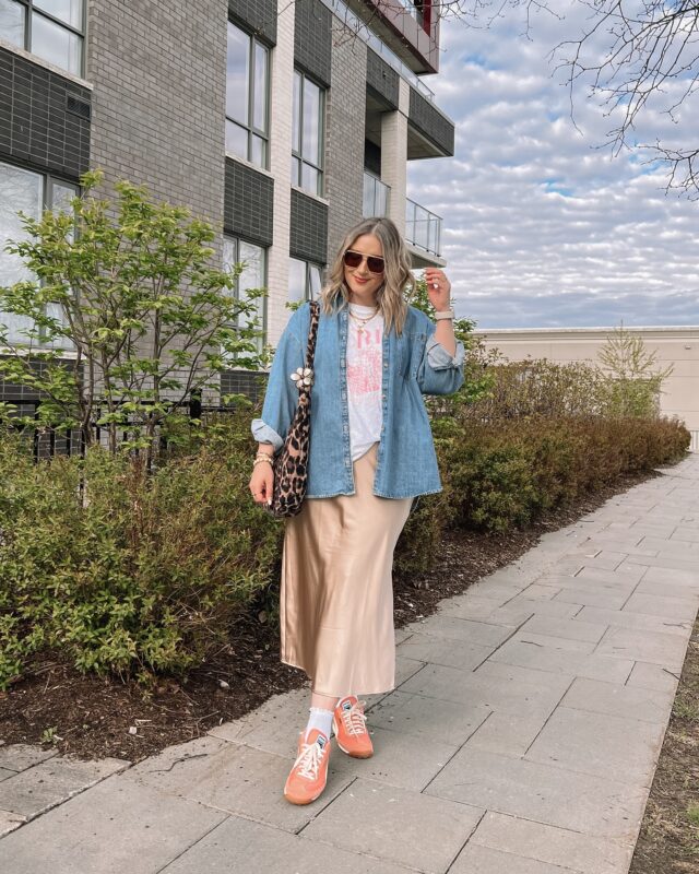 In my fashion should be fun era 🌸🍑🩵 Say “DETAILS” to have outfit links sent to your DMs!

________

Midsize spring outfits, spring outfit inspo, casual style, pop of color, colorful sneakers, denim shirt, satin midi skirt 
.
.
.
#midsizefashion #springoutfits #springootd #size12 #size14 #midsizeootd #midiskirt #pumasneakers #oldnavystyle #ootdideas